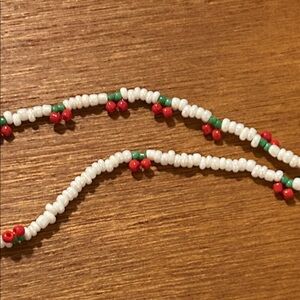 NWT Handmade White Bead Necklace with Red & Green Accents  🍒